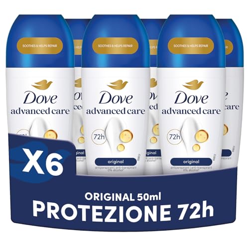 Dove Advanced Care Original, Deodorante Uomo e Donna Antitraspirante Roll On, Formula Delicata Con Tripla Azione Idratante, Protezione Fino a 48 Ore, Confezione da 6 Pezzi x 50 ml