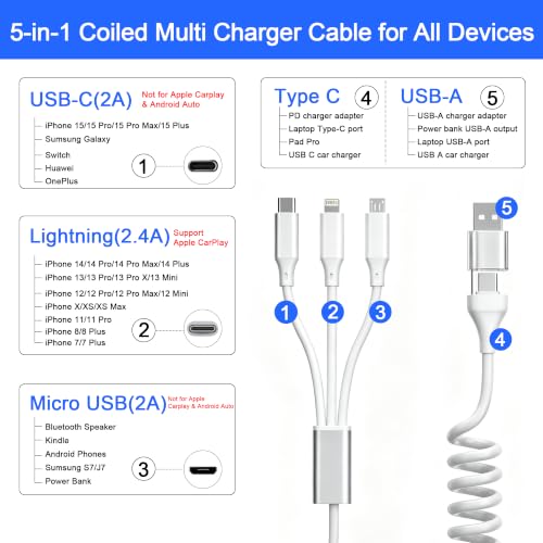 Image of Coiled Multi Charging Cable [MFi Certified] 5 in 1 Coil ed Lightning Cable for Car Coiled Universal Charging Cable USB A /USB C to Lightning(Data, Carplay, 2.4A Charge), Type-C /Micro USB(Charge) White