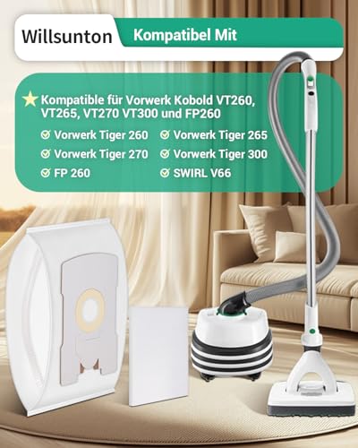 VT300 FP300 Staubsaugerbeutel kompatibel mit Vorwerk Kobold VT265 VT270 VT 300 FP 300 Kobold Tiger 260, 10 Stück Vorwerk Beutel mit 2 Stück Motorschutzfilter