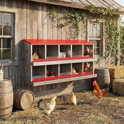 GarveeLife 10 Compartment Chicken Nesting Box, Nesting Boxes for Chickens, Metal Chicken Laying Boxes with Perch, Secure Lid, Versatile Wall Mount or Free Standing for Hens, Red