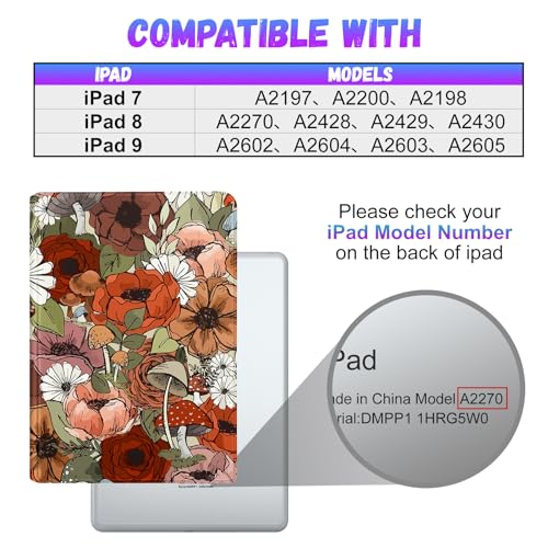 Pegmode for iPad 9th/8th/7th Generation Case Women Cute Girls Folio Cover Flower Girly Kawaii Teens Mushroom Design With Pencil Holder Smart Cover for Apple iPad 9/8/7 Gen Cases A2602 A2270 A2197 - Image 2