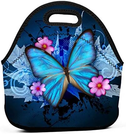 BAIFUMEN Butterfly Flowers Neoprene Lunch Bag Insulated Lunch Box Tote for Women Men Adult Kids Teens Boys Teenage Girls Toddler