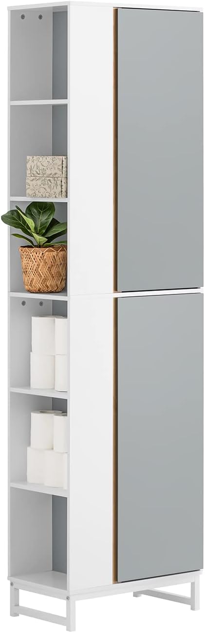 Meuble Colonne Salle De Bain FOREHILL 37x30x180cm - Rangement Blanc Avec Portes Et Tiroir Colonne Salle De Bain Scandinave