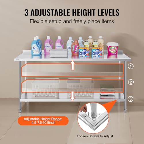 Image of VEVOR 24 x 72 x 36 Inch Stainless Steel Work Table, Commercial Food Prep Worktable Heavy Duty Prep Worktable, Metal Work Table with Adjustable Height for Restaurant, Home and Hotel