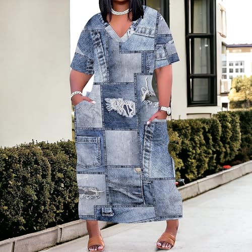 Image of SUZONANA Plus Size Denim Print Dresses for Women V Neck Short Sleeve Maxi Dress with Pockets Soft Jean Look Summer T Shirt Dress Western Casual Outfits 2XL