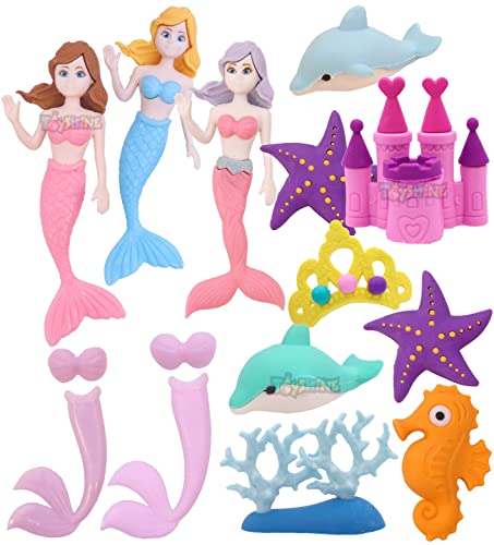 Image of Toyshine Pack of 13 Mermaid Princess Castle Colorful Erasers for Children Party Favors, School Supplies