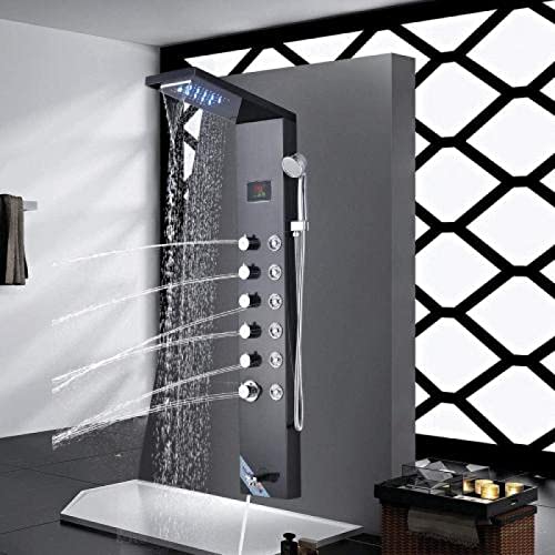 Columna de Ducha con Sistema LED Azul, Cabezal de Ducha Lluvia y Cascada, Chorros de Hidromasaje, Duchador de Mano, Salida para Bañera, Pantalla LED de Temperatura, 6 Mandos miniatura 6