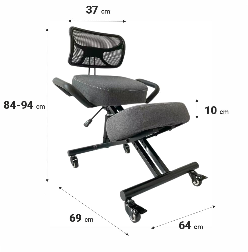 BLACK POINT O'KNEEL - Chaise à Genoux Ergonomique en Éco-Cuir avec Dossier | Siège Assis-Genoux Réglable pour Bureau & Maison | Posture Droite & Confortable | Housse en Lin Gris Incluse