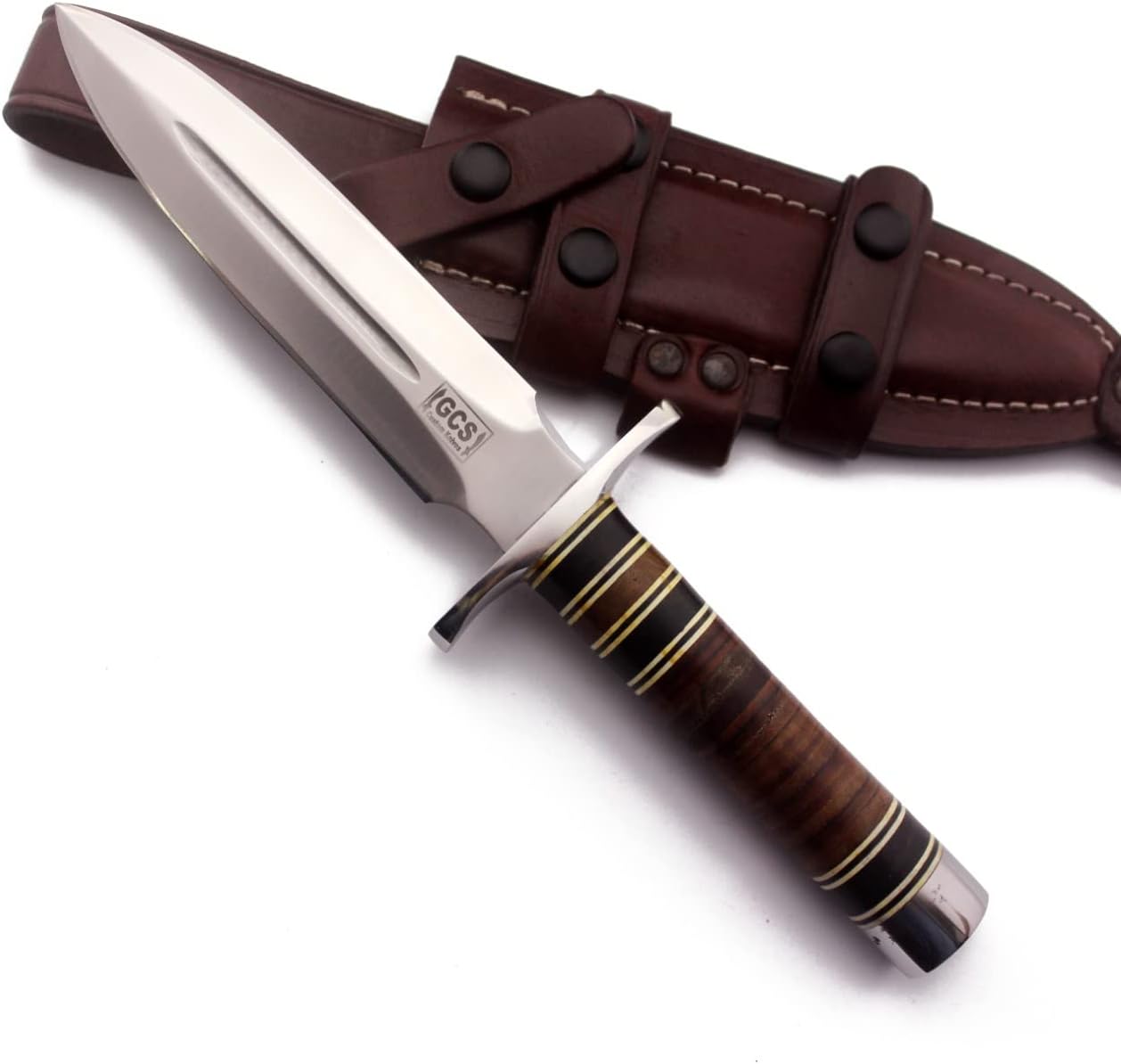 GCS Handmade Stacked Leather Handle D2 Tool Steel Tactical Hunting Knife with leather sheath Full tang blade designed for Hunting & EDC GCS 502