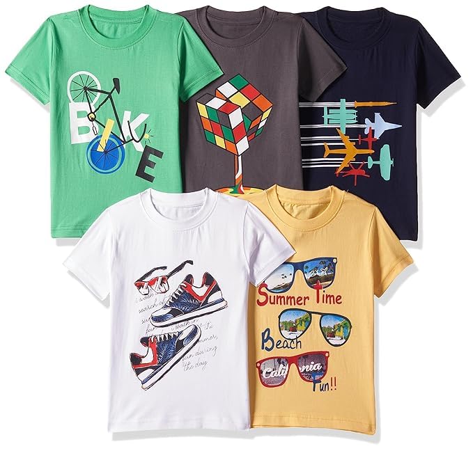 Image of T2F Boy's Cotton Printed Regular Fit T-Shirt (Pack of 5)