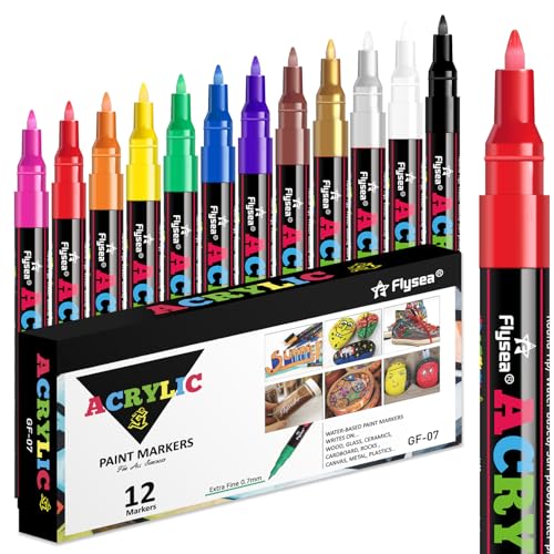 Alitastro 12 Acrylic Paint Pens Marker Pens - Waterproof Fabric Paint Markers Acrylic Markers for Rock Painting, Glass, Wood, Stone, Canvas, Metal, Arts and Crafts for Adult,0.7mm Extra Fine