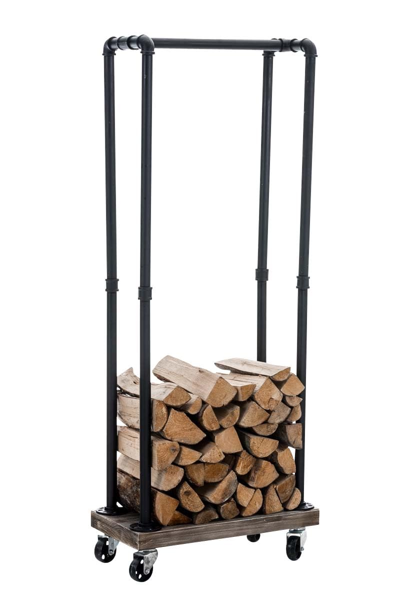 Estantería para Leña Forks I Leñero de Interior con Ruedas I Leñero Deslizante I Estantería para Leña de Metal & Madera I, Color:Negro