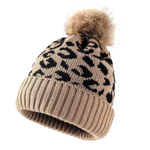 KASESSS - KASESSS Imprimé LéOpard Bonnet Femme d'hiver Kaki Extensible Tricoté Bonnet Femme Hiver Chaud éLéGant Bonnets à Pompon Toucher Doux pour Femmes Couvre-Chefs-d'hiver Thermiques Et Confortables