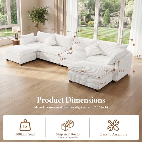 Image of Vesgantti 143 inch U Shaped Sectional Modular Couch, Comfy Corduroy Upholstered Modular Cloud Sofas for Living Room, Modern Sectional Sofa with 2 Ottoman Deep Seat, Warm White