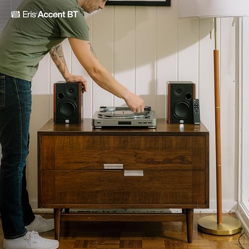 Image of PreSonus Eris Accent BT 60W Powered Bookshelf Bluetooth Speakers - Studio Monitors for Turntable, Home, 4 inch Woofer, Silk Tweeter, USB-C, Optical, RCA, Coax, Remote, Sub Out, Wired Option, Wood Grain