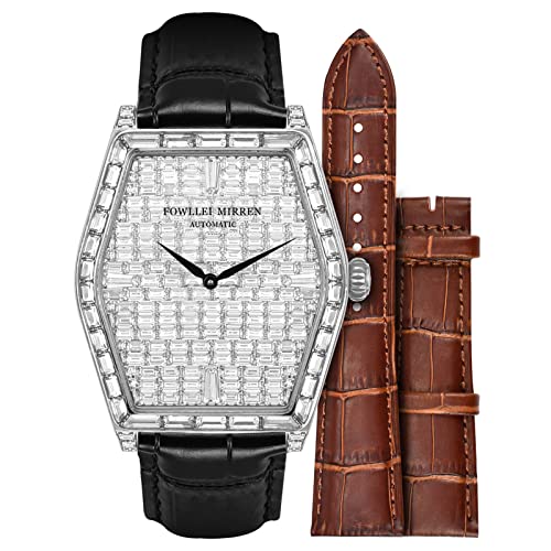 Fowllei Mirren Diamond Wrist Watch For Men, Leather Band Mechanical Automatic Watch Diamond Wrist Watch For Men Unisex Analog Barrel Watch Luxury Fashion Gift Square Diamond (Silver-Leather) #TOP6