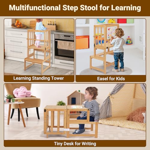 COSYLAND Montessori Lernturm ab 1 Jahr klappbar | 3 in 1 Learning Tower & Lernstuhl Kinder ab 1 Jahr | Klappbarer Montessori Lernturm mit Tafel für Küche, Tisch & Bad, Toddler Tower