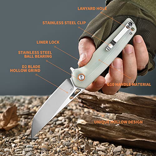 Sumaco Folding Knife Stonewash D2 Steel Balde G10 Pocket Knife For Men Tactical Knife Handle Pocket Knife Edc 3.35" Survival Knives Hunting Camping #TOP1
