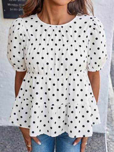 Image of Tankaneo Womens Puff Sleeve Peplum Babydoll Tops Summer Flowy Pleated Cotton T-Shirts Casual Loose Fit Cute Blouse
