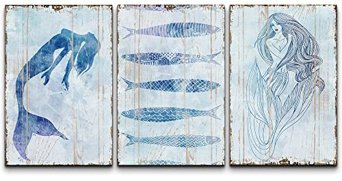 Wall26 3 Panel Canvas Wall Art - Rustic Style Mermaid And Fish - Giclee Print Gallery Wrap Modern Home Art Ready To Hang - 16"X24" X 3 Panels #TOP10