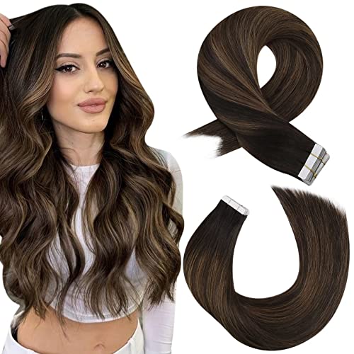 Moresoo Extension Cheveux Humain Adhesif Remy Skin Weft Extension Bande Adhesive Cheveux Naturel Balayage Brun Foncé à Brun Moyen 20PCS 30G 12 Pouces