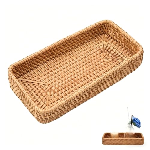 Wuyituart 8 Inch Small Rattan Basket Natural Handwoven Serving Tray for Keys Jewelry Snacks Wicker Storage Blasket Decorative Tray for Home Decor Table Entryway Bathroom, 8.3"x4.3" (ID 7.5"x3.5")