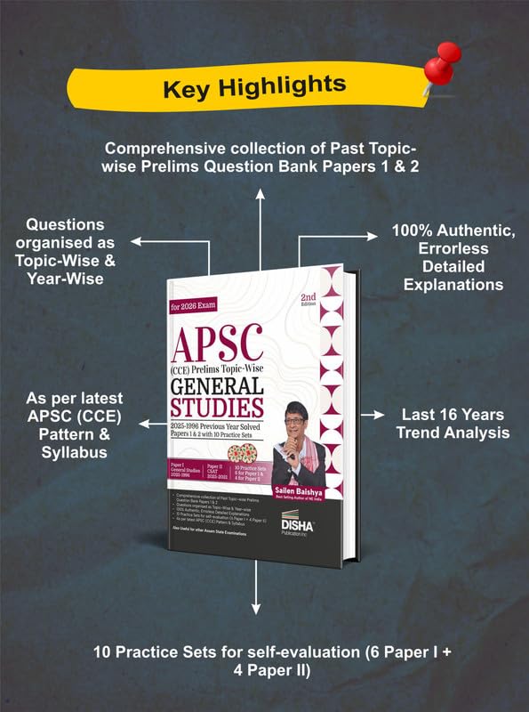 Image of Disha APSC (CCE) Prelims Topic-wise General Studies 2025 - 1996 Previous Year Solved Papers 1 & 2 with 10 Practice Sets 2nd Edition | Civil Services PYQs & Mock Tests for 2026 Exam