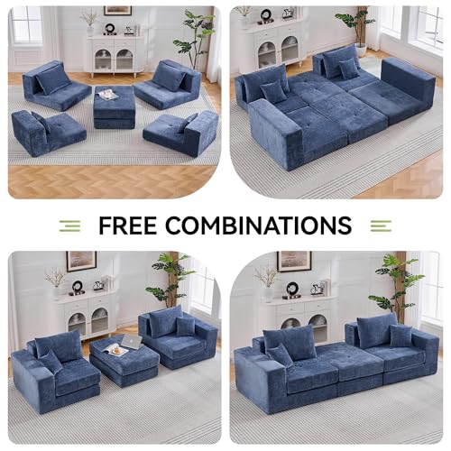 Image of 79 inch Boneless Cloud Loveseat Sofa Couch, Modular Tufted Foldable Floor Sofa with Ottoman, Chenille Lounge Convertible Sofa Bed for Living Room, No Assembly, Blue