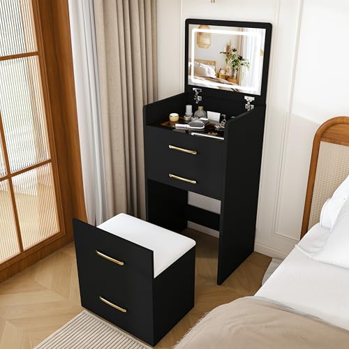 3 in 1 Vanity Desk with Plip Top Mirror and Lights Compact Vanity Set with Visible Glass Desktop Small Makeup Vanity Table with 3 Drawers Cushioned Tool 3 Light Mode Brightness Adjustable Black