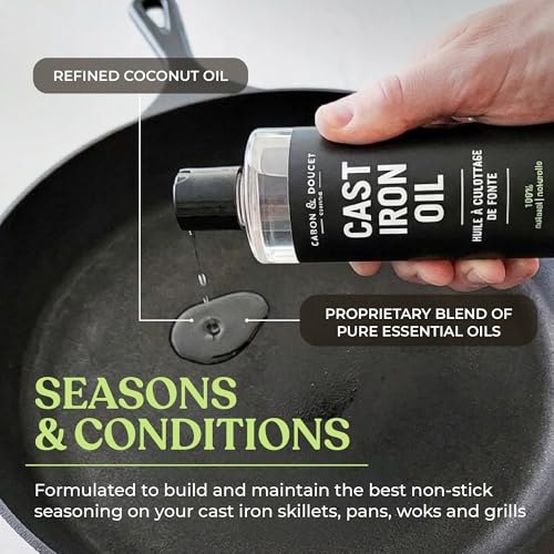 Image of CARON & DOUCET - Cast Iron Cleaning & Conditioning Set PLUS: Seasoning Oil & Cleaning Soap | 100% Plant-Based | Best for Washing, Restoring & Seasoning Cast Iron Skillets, Pans & Grills - 16oz Each
