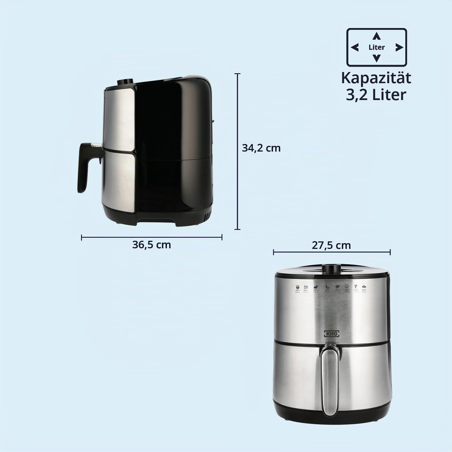 KHG Heißluft-Fritteuse Airfryer HLF-3200 silber 3,2 Liter herausnehmbarer Frittierkorb 1500 Watt Timer LED Anzeige