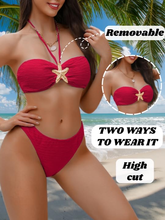 Sexy Womens Starfish 3 Pcs Bikini, Textured Halter Swimsuit Cover Up Skirt, Bathing Suit Beach Outfits Red Small - Image 2