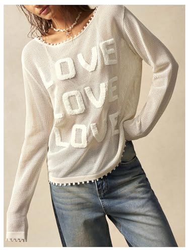 Verdusa Women's Oversized Sweater Crochet Sweaters Letter Embroidery Long Sleeve Hollow Out Knit Tops4