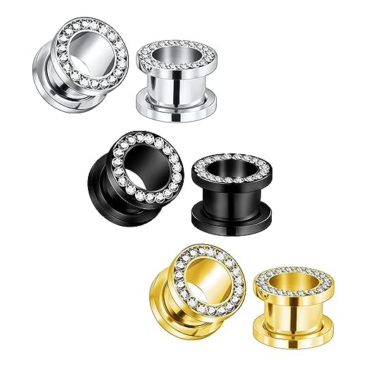 Qmcandy 6 peças de aço inoxidável túneis de orelha zircônia cúbica túneis piercing orelha calibre 8g-9/40.6 cm, Metal, Zircônia cúbica