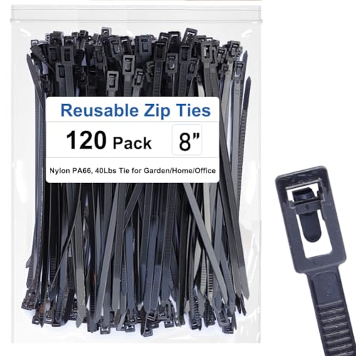 120PCS Releasable Zip Ties 8 Inch Heavy Duty Industrial Cable Ties Removable Wire Ties for Outdoor Patio Home Office