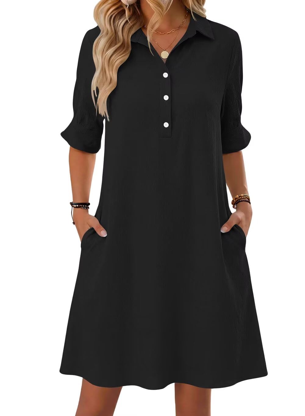 FEKOAFE Womens Casual Dress V Neck Short Sleeve Shift Dresses with Pockets