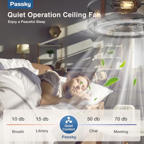 Image of Passky 20 inch Farmhouse Flush Mount Ceiling Fans with Lights and Remote, Industrial Black Caged Low Profile Fandelier, 6 Speeds Bladeless Ceiling Fan for Bedroom, Kitchen, Living Room