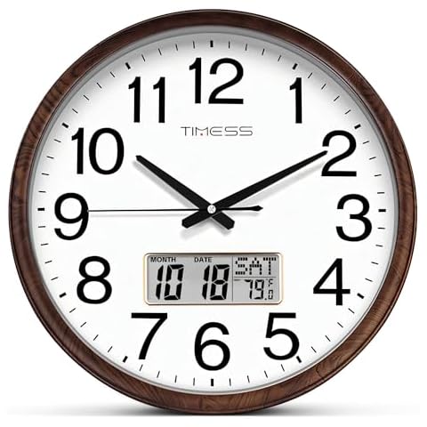 TIMESS Wall Clock, Classic Wood Style Finish, 13 Inch Non-Ticking Silent Battery Operated Quartz Analog with Perpetual Calendar and F° Temperature Display, Home, Office Décor (Chestnut Brown) Cover