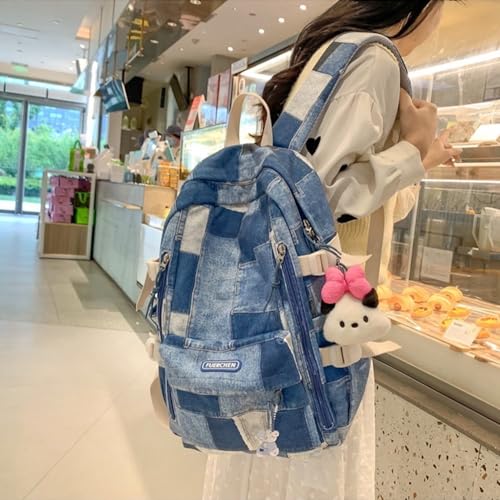 JHTPSLR Denim Patches Sewing Canvas Backpack Y2K Aesthetic Backpack Cute Cowboy Backpack Preppy Backpack Bookbag Laptop Backpack Mochilas (Blue+Plushies)3