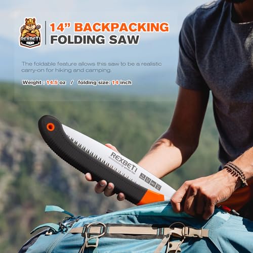 REXBETI-Folding-Saw-Extra-Long-14-Inch-Blade-Backpacking-Saw-for-Hiking-Camping-Dry-Wood-Trimming-Pruning-Saw-With-4-Cutting-Angle-Hard-Teeth-Large-Folding-Saw-with-SK-5-Steel