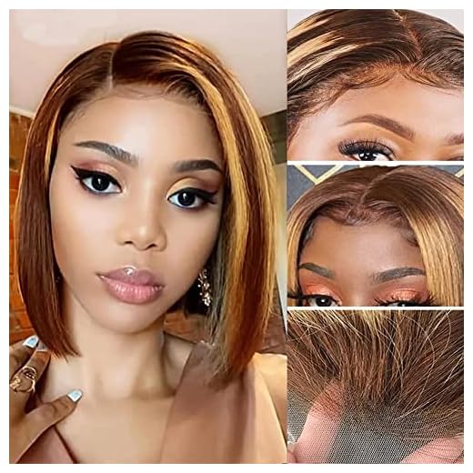 Highlight Ombre Bob Wig Human Hair 13x4 HD Lace Frontal Wig Pre Plucked with Baby Hair 180% Density Blonde Highlight Bob Lace Front Wigs P4/27 Color Brown Honey Blonde bob Wigs for Black Women 10inch