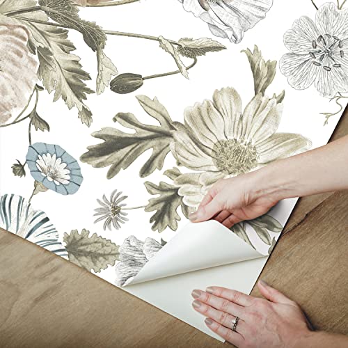 RoomMates RMK12285PL Vintage Poppy Peel and Stick Wallpaper, White