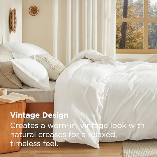 Bedsure 100% Stone Washed Cotton Duvet Cover King Size - White Minimalist Cotton Duvet Cover Linen Like for All Seasons - GentleSoft™ Plain Simple Bedding (White, King, 104"x90")
