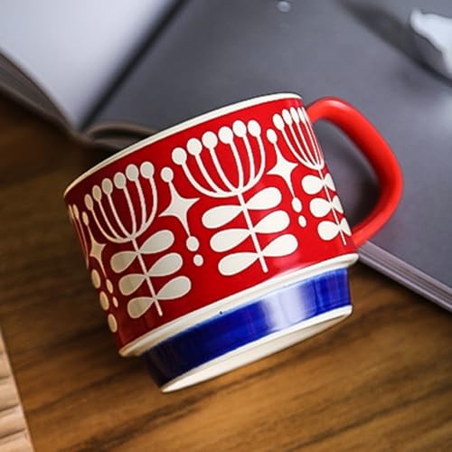 Image of Spooky Japanese Retro Ceramic Coffee Mug - 300ml Printed Stackable Cup with Handle - Creative Ins-Style Ear-Hanging Design for Milk, Tea & Espresso - Ideal Gift for Couples, Home or Cafe (Full Red)