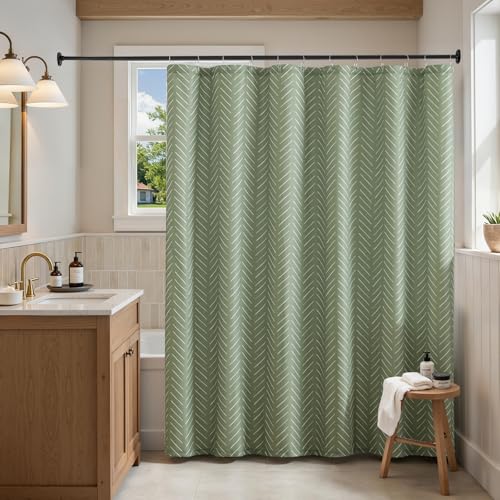 jinchan Sage Green Shower Curtain with White Herringbone Striped Zig Zag Chevron Waterproof Fabric Modern Farmhouse Shower Curtains for Bathroom with
