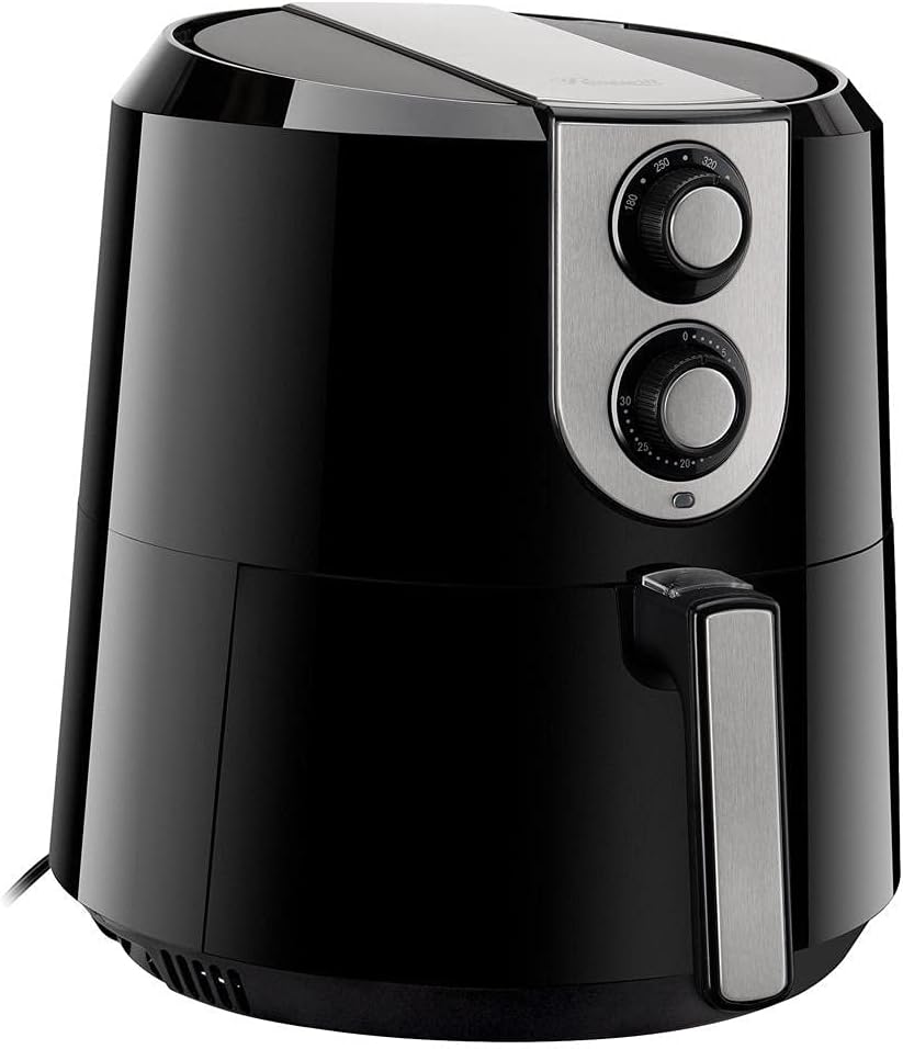 Close-up of the air fryer's temperature and timer control knobs