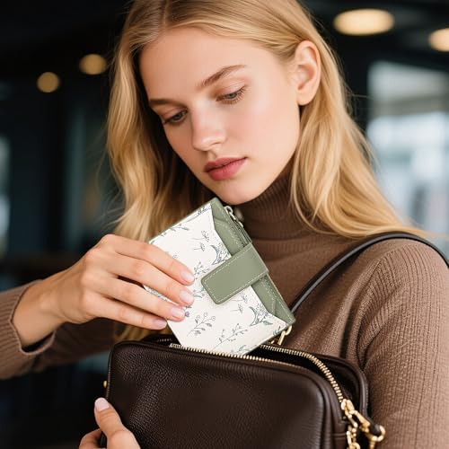 Small Wallet Womens Green Flower Cute Wallet for Women Slim Change Purse for Ladies Bifold Wallet Womens With Zipper Coin Pocket Purses Card Holder for Women 6