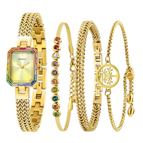 BERNY Gold Watches for Women Dainty Quartz Bracelet Watch Ladies Wrist Watch and Bracelet Set Coloured Stones Accented Fashion Luxury Birthday Gifts for Women-Gold Dial