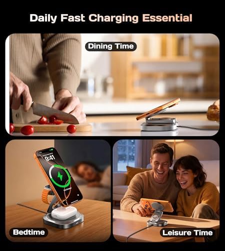 Qi2.2 25W 3-in-1 Wireless Charger for iPhone 17/16 Series, Foldable Wireless Charging Station Compatible with MagSafe, 360° Swivel Zinc Alloy Base for Apple Watch & AirPods (45W Adapter Included) — view 8