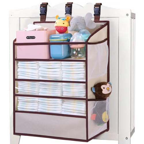 Image of WishJazz XL Hanging Diaper Caddy Organizer for Changing Table, Crib, Playard, Wall, Reinforced 3-Tier Diaper Caddy with Mesh Pockets, Nursery Organizer-Hold 90+Diaper for Newborn Baby Essentials